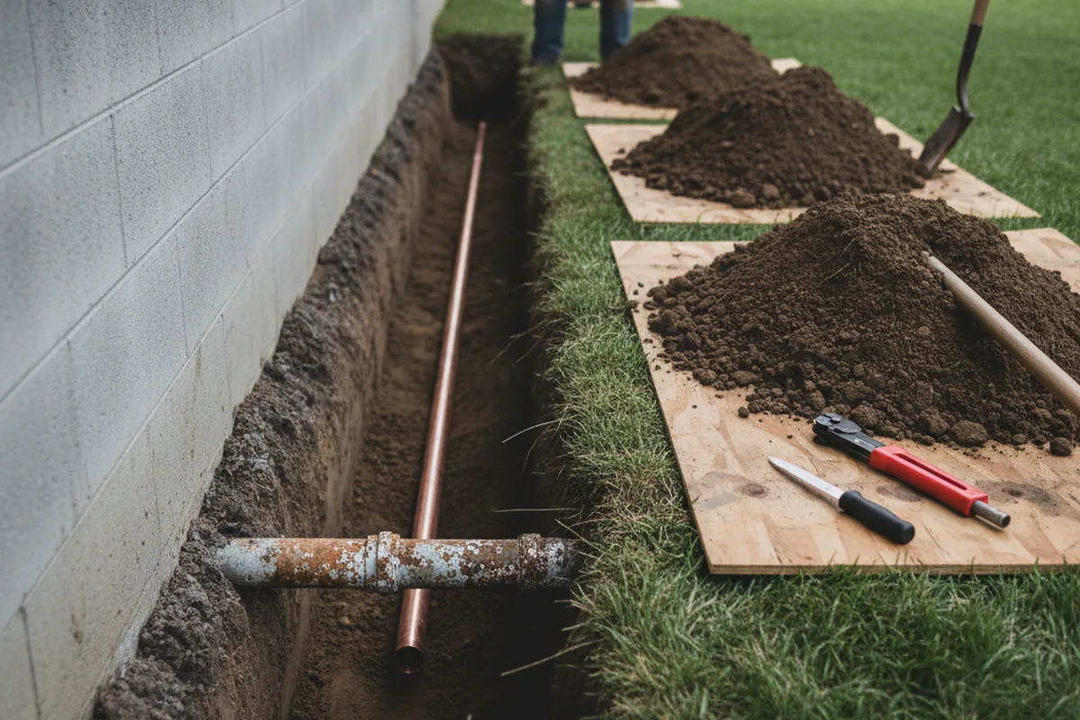 Excavated water line trench during Sewer Line Repair in Willowbrook